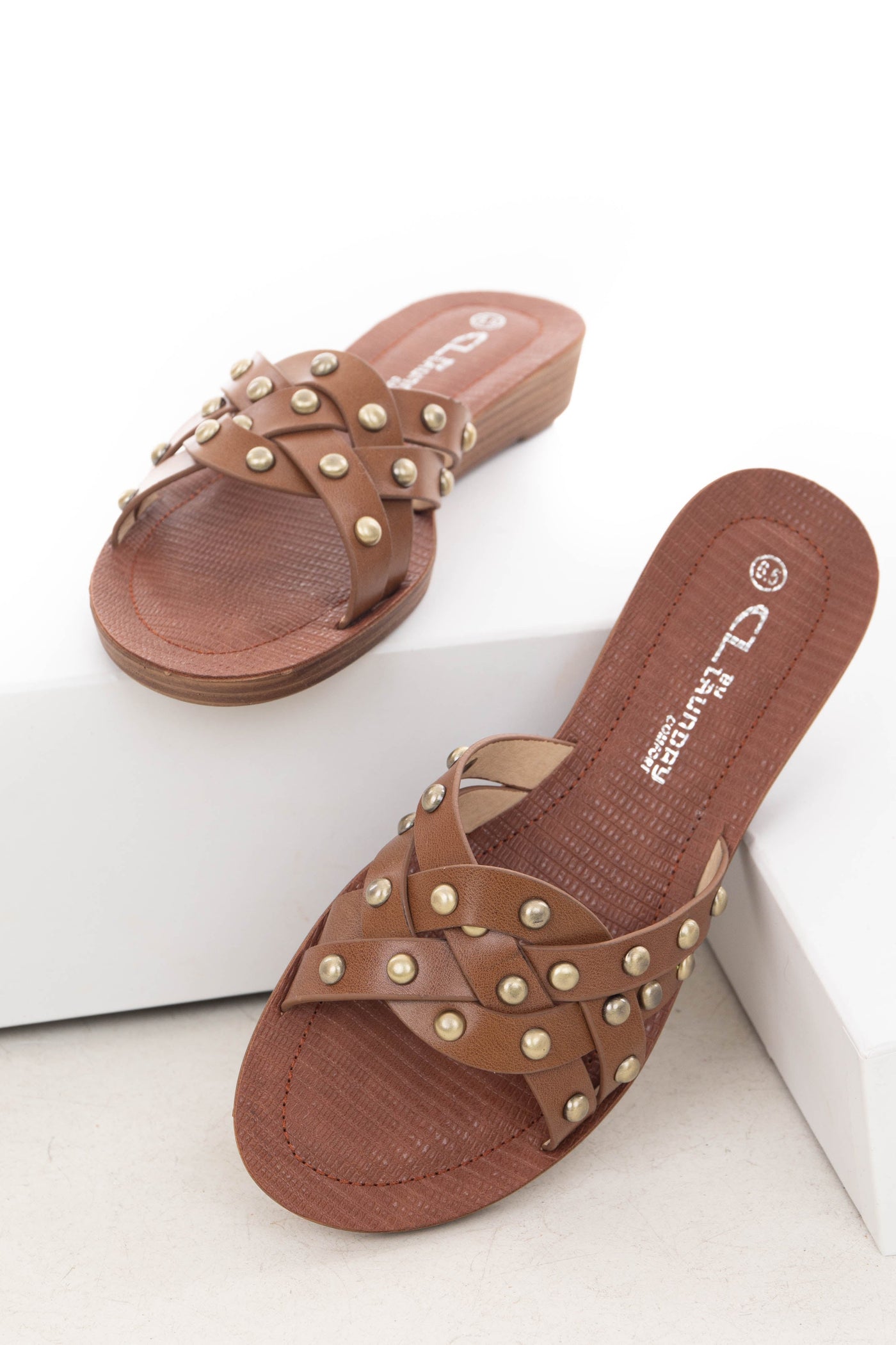 Cognac Slip On Sandals with Gold Stud Details