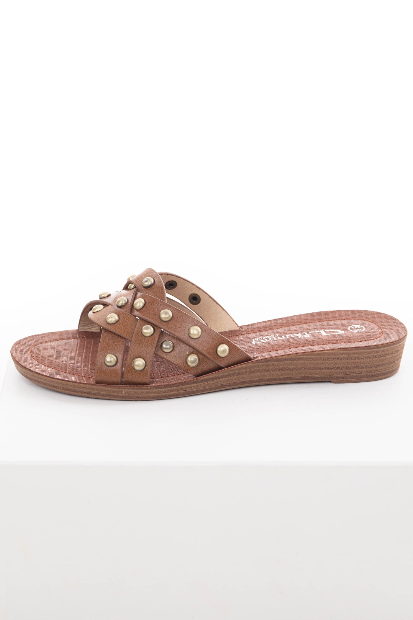 Cognac Slip On Sandals with Gold Stud Details