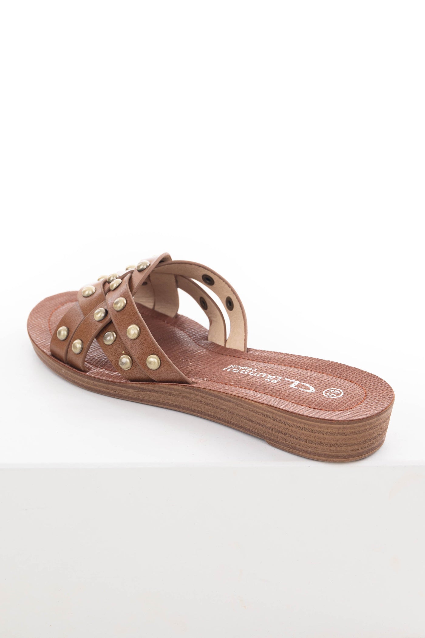 Cognac Slip On Sandals with Gold Stud Details