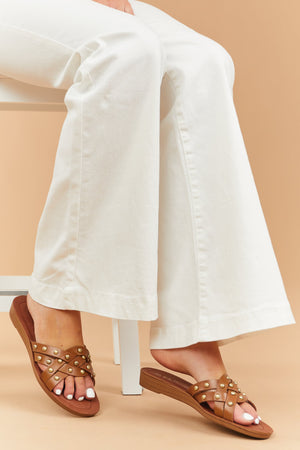 Cognac Slip On Sandals with Gold Stud Details