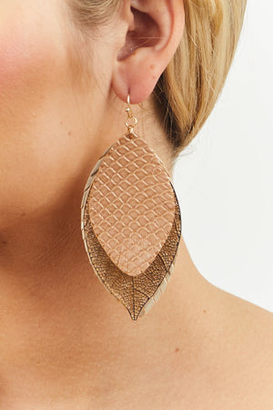 Cognac Snakeskin Layered Feather Earrings