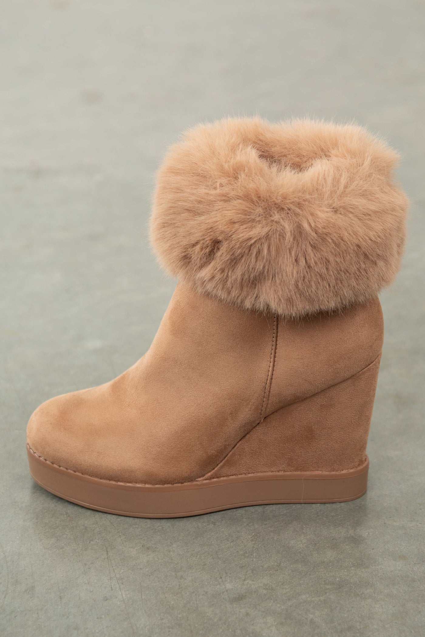 Cognac Suede Wedge Heel Faux Fur Booties