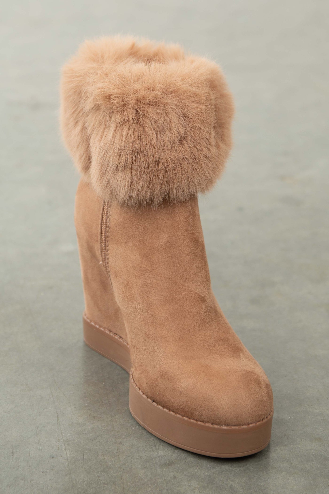 Cognac Suede Wedge Heel Faux Fur Booties