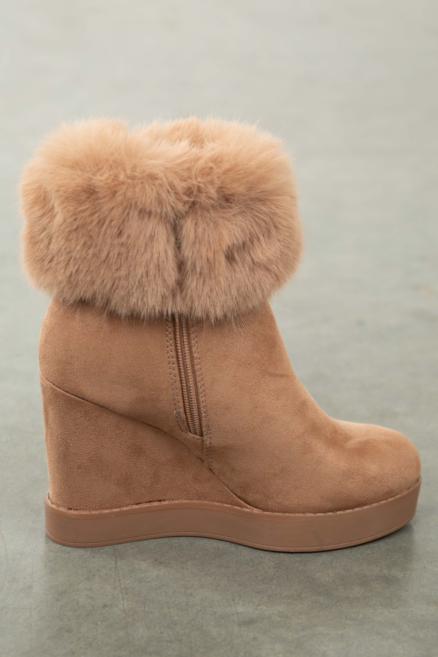 Cognac Suede Wedge Heel Faux Fur Booties