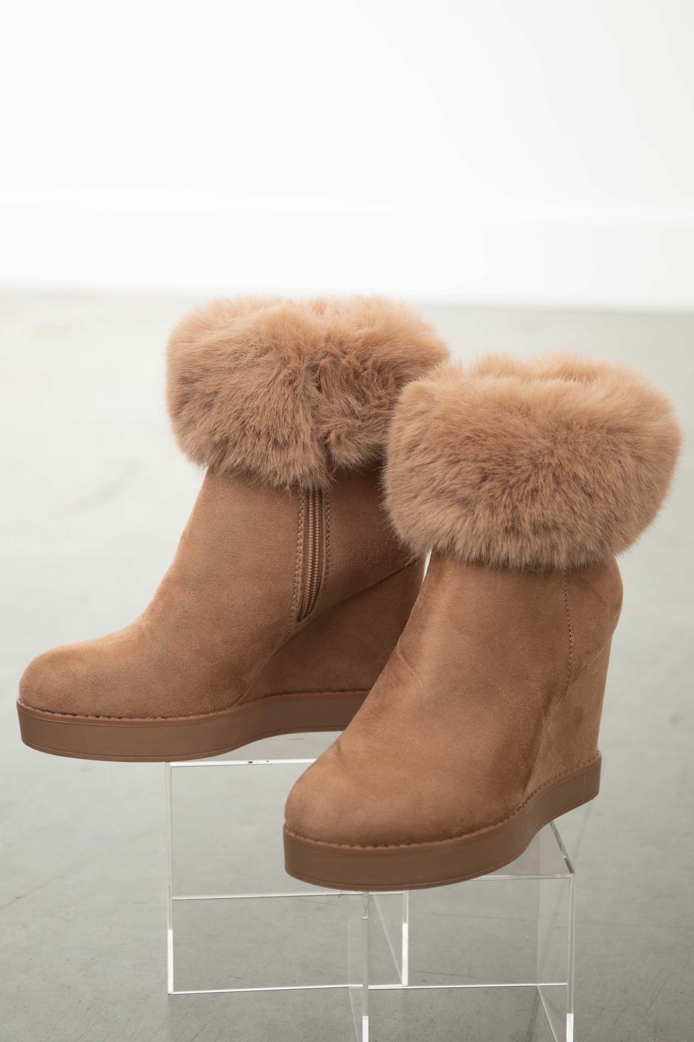 Cognac Suede Wedge Heel Faux Fur Booties