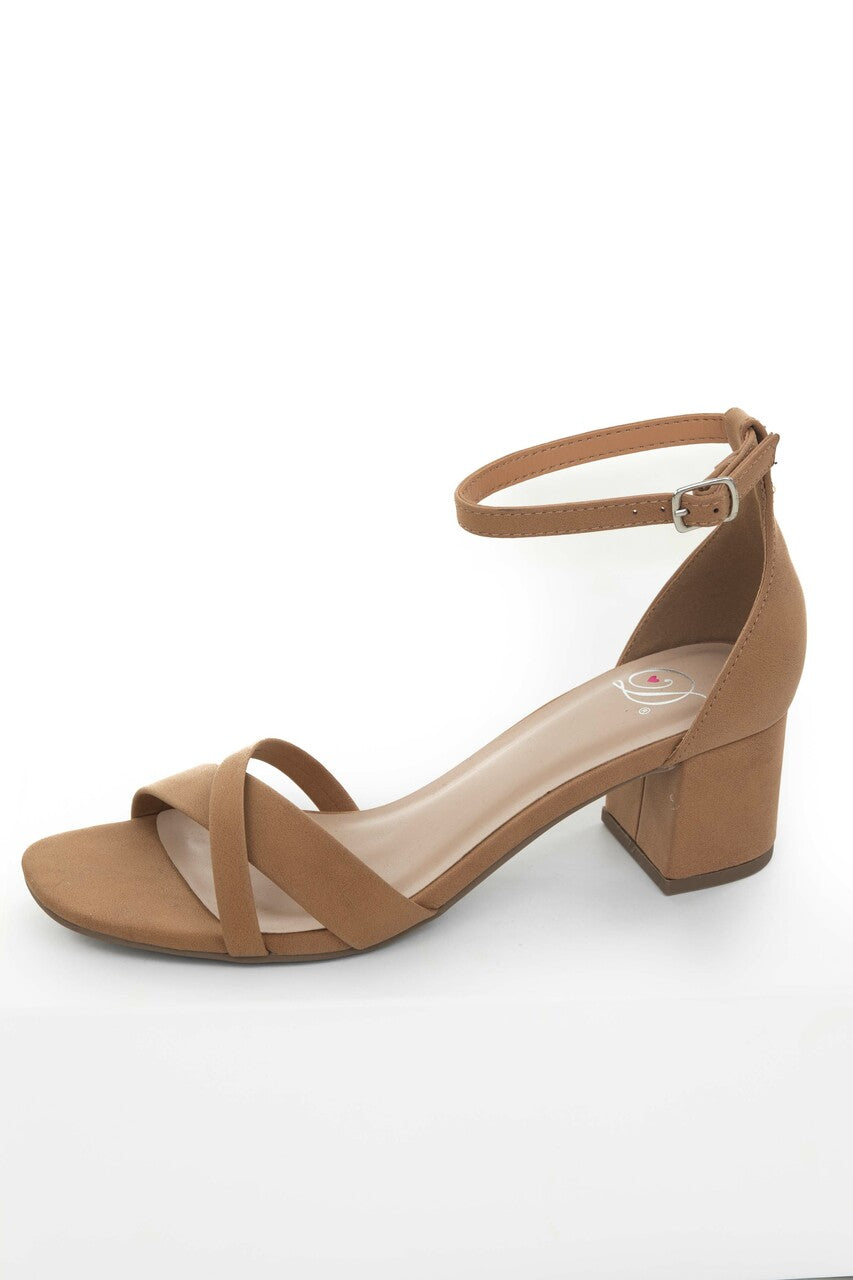Cognac Ankle Strap Criss Cross Block Heels 