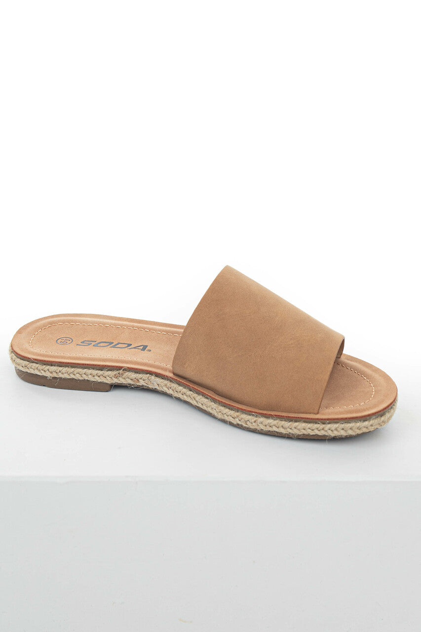 Cognac Faux Leather Solid Strap Flat Sandals