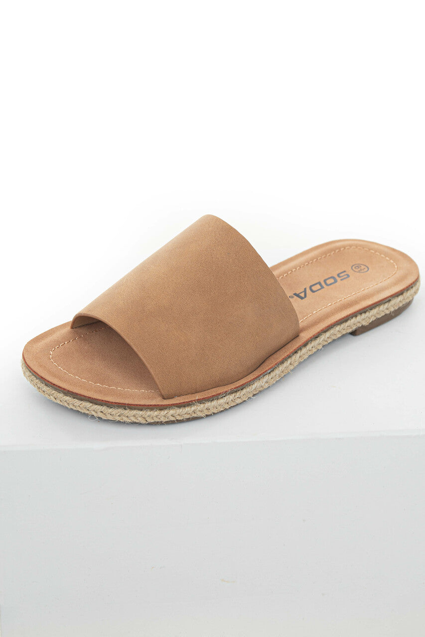 Cognac Faux Leather Solid Strap Flat Sandals