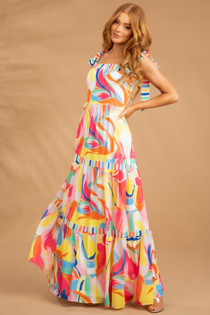 Colorful Printed Sleeveless Tiered Maxi Dress