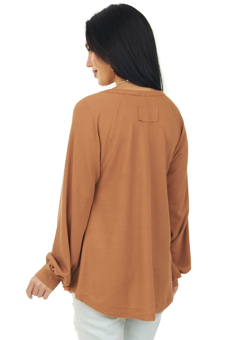 Copper Bubble Sleeve Waffle Knit Henley Top