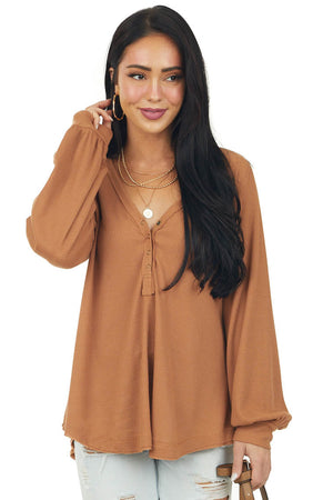 Copper Bubble Sleeve Waffle Knit Henley Top