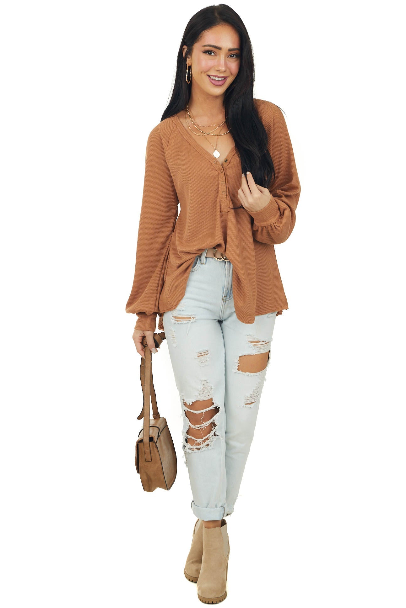 Copper Bubble Sleeve Waffle Knit Henley Top