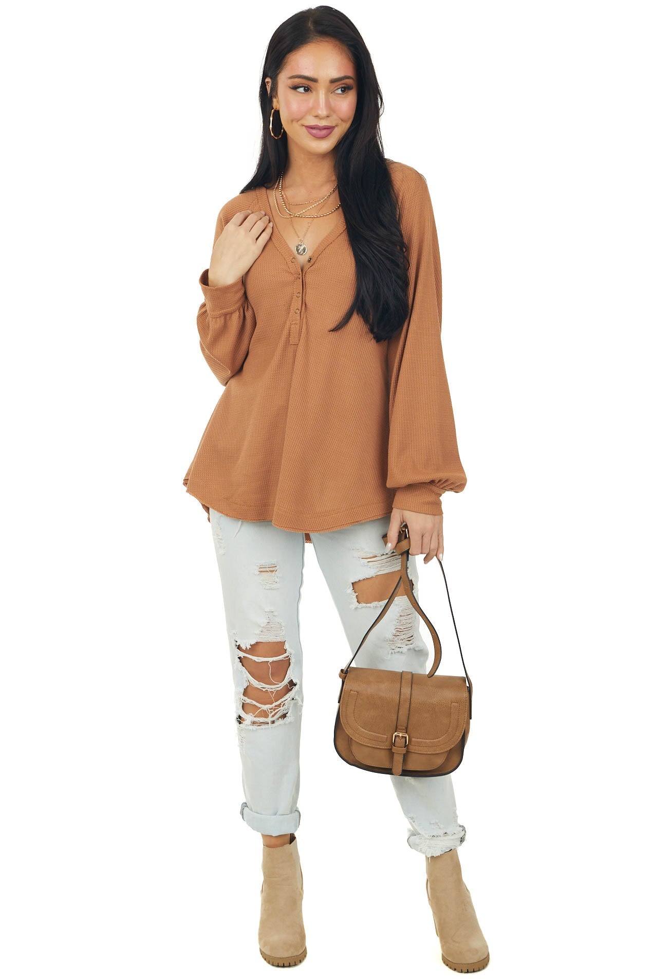 Copper Bubble Sleeve Waffle Knit Henley Top