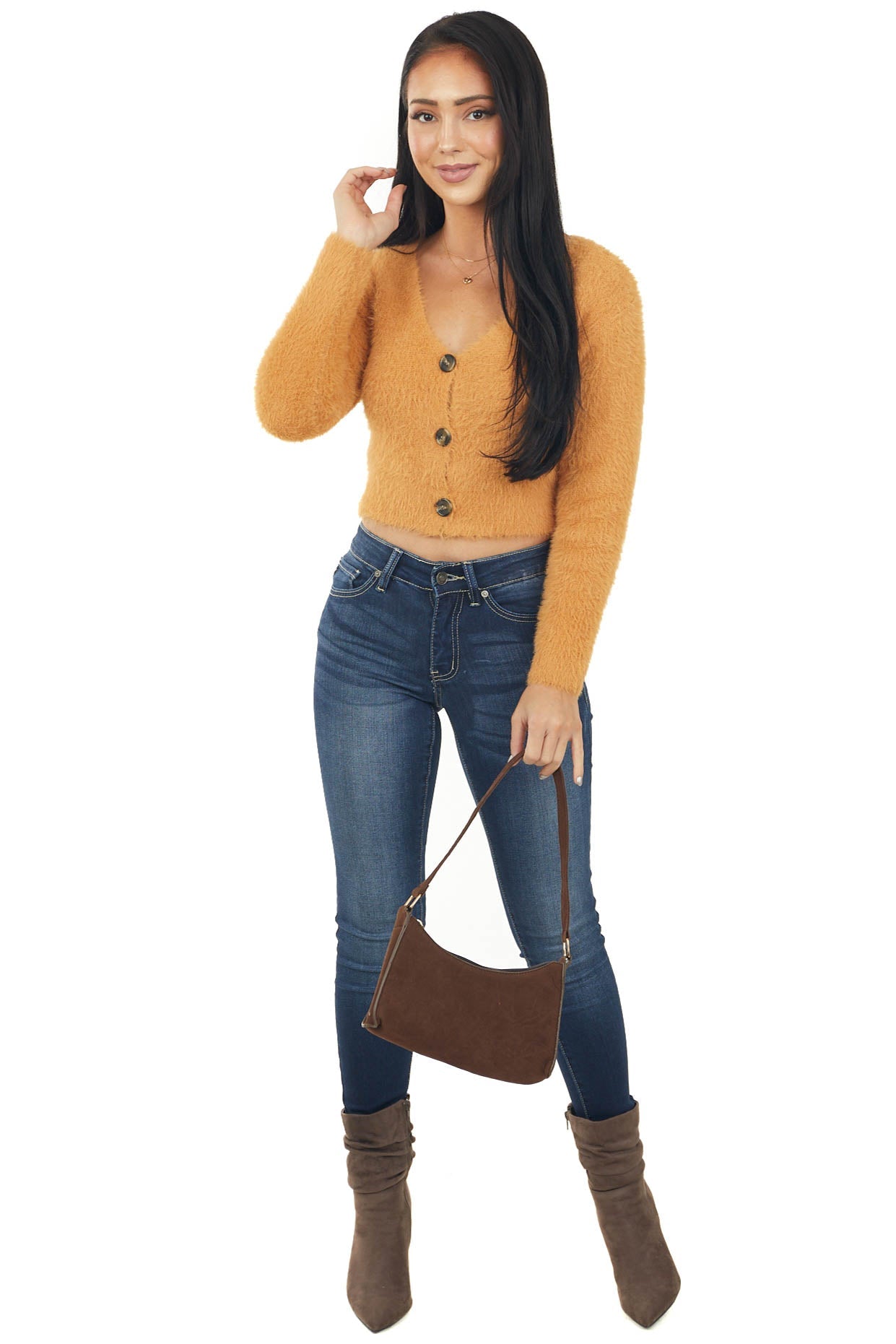 Copper Button Up Cropped Fur Sweater Cardigan