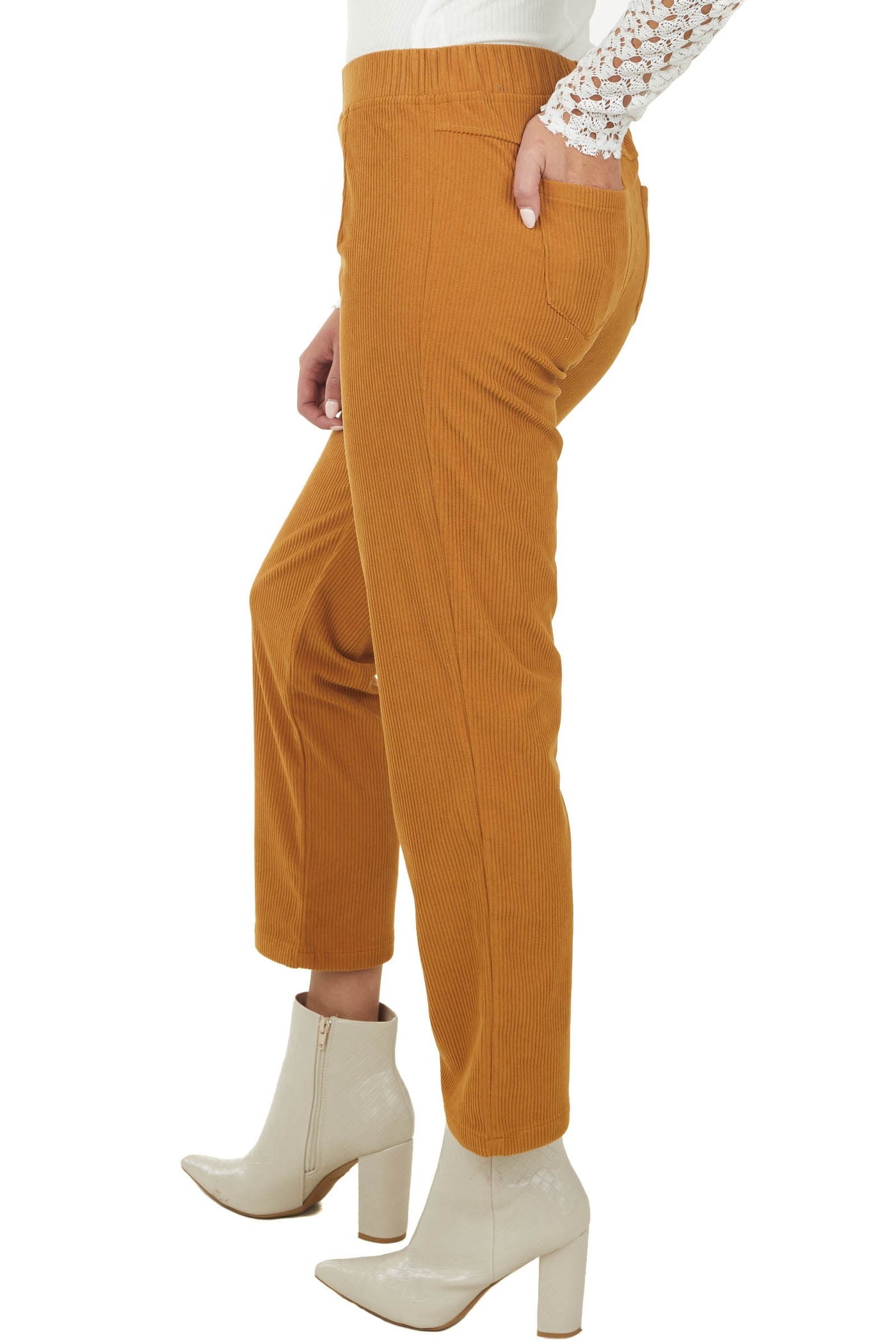 Copper Elastic Waist Slim Leg Pull On Pants