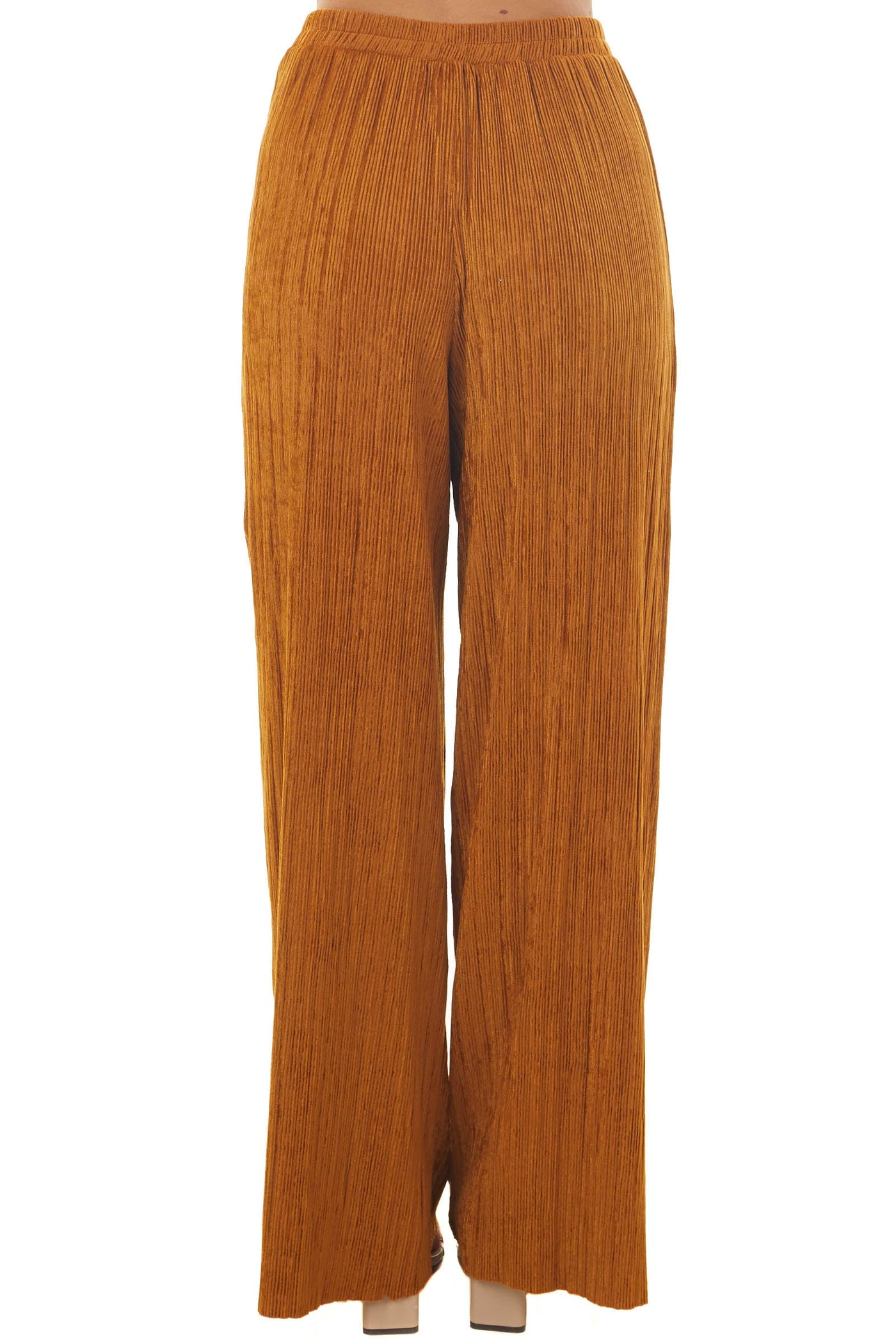 Copper Elastic Waist Wide Leg Ribbed Pants