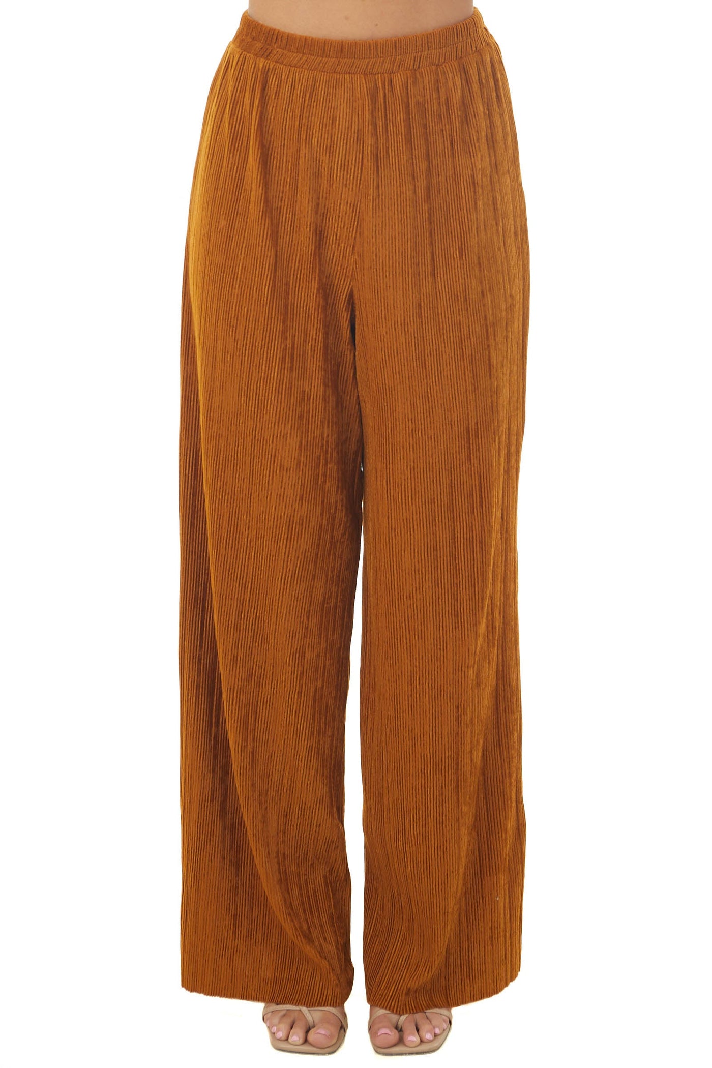 Copper Elastic Waist Wide Leg Ribbed Pants