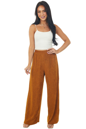 Copper Elastic Waist Wide Leg Ribbed Pants