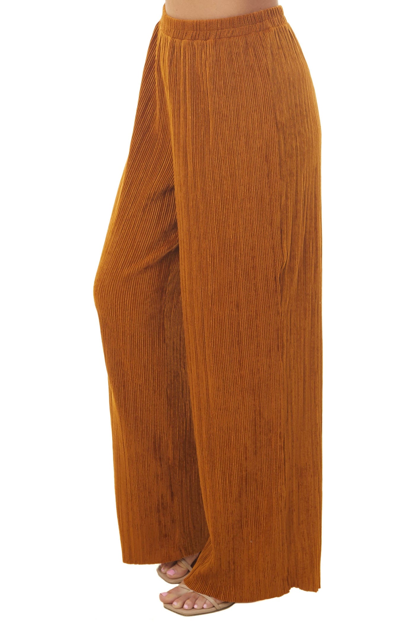 Copper Elastic Waist Wide Leg Ribbed Pants