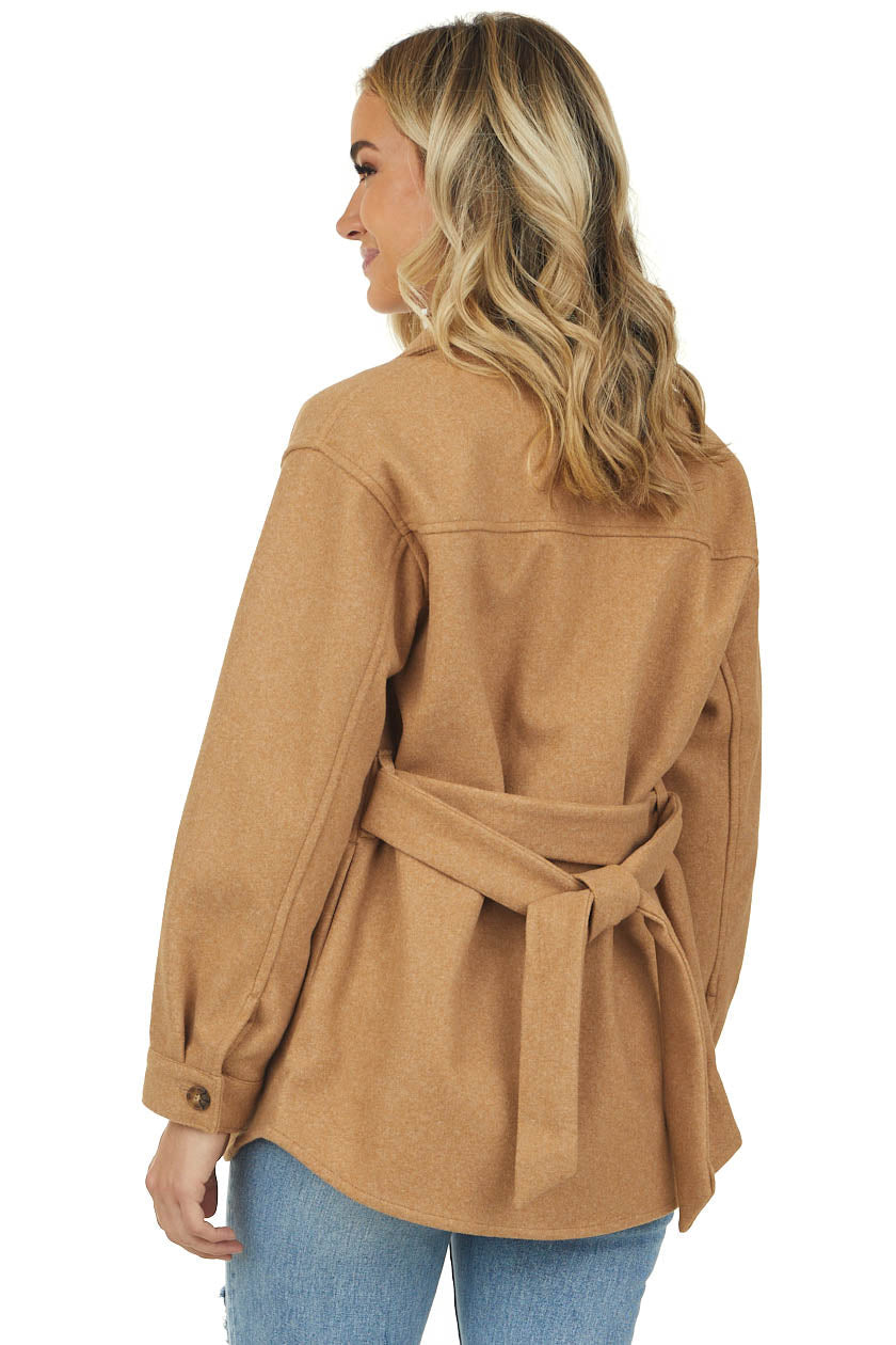 Copper Fleece Button Up Jacket with Waist Tie