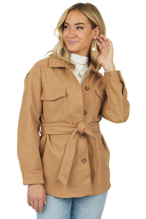 Copper Fleece Button Up Jacket with Waist Tie