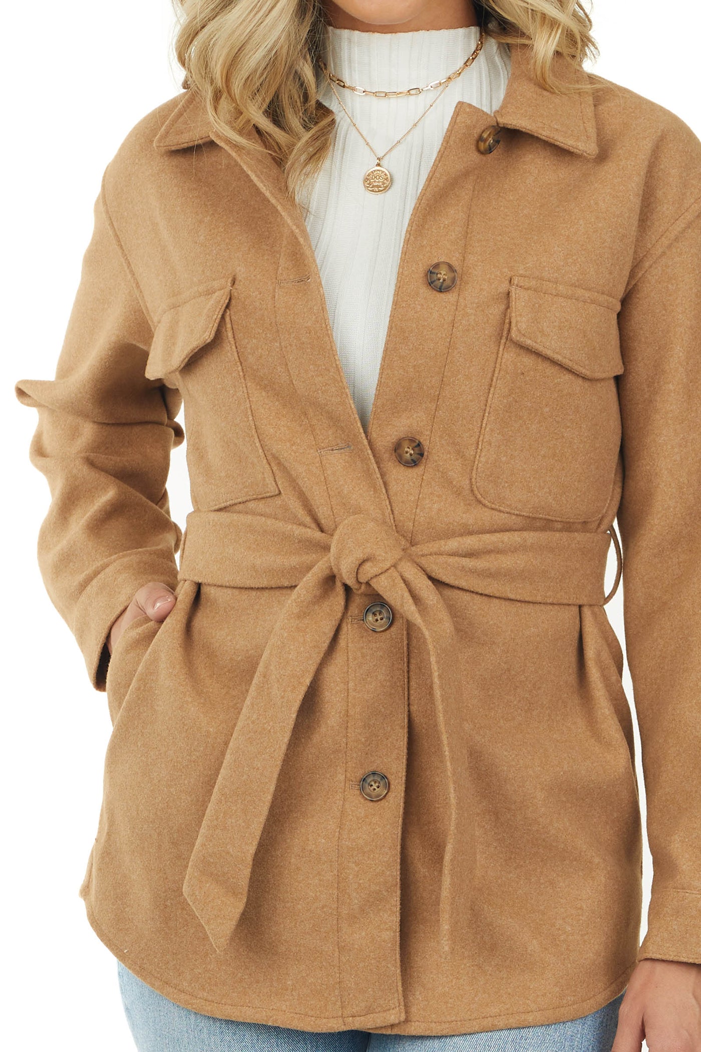 Copper Fleece Button Up Jacket with Waist Tie