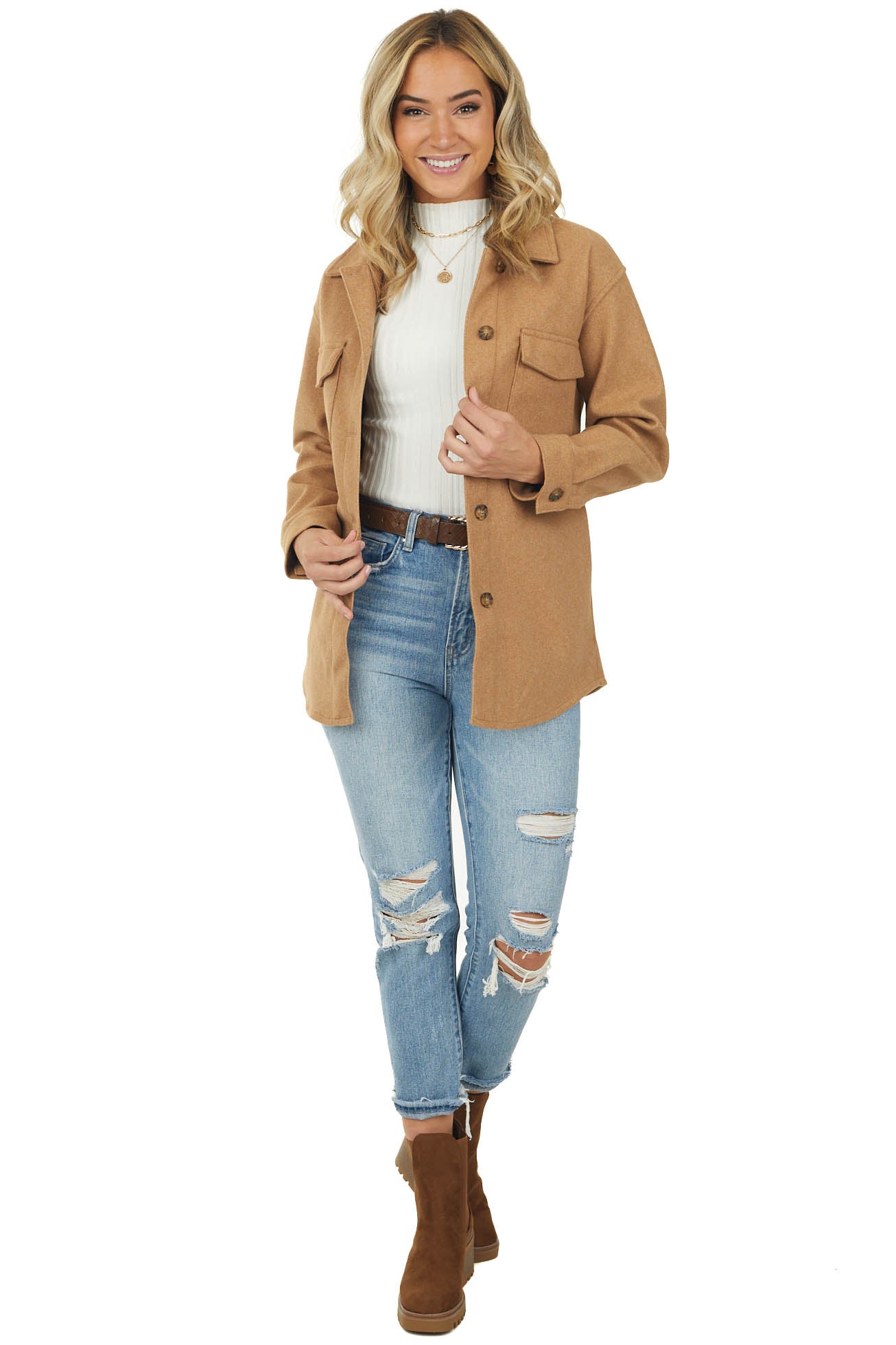 Copper Fleece Button Up Jacket with Waist Tie