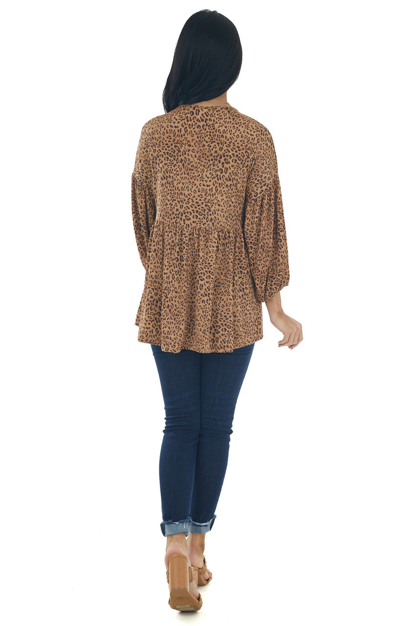 Copper Leopard Print V Neck Babydoll Knit Top 