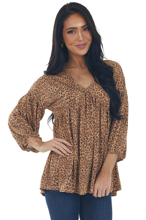 Copper Leopard Print V Neck Babydoll Knit Top 