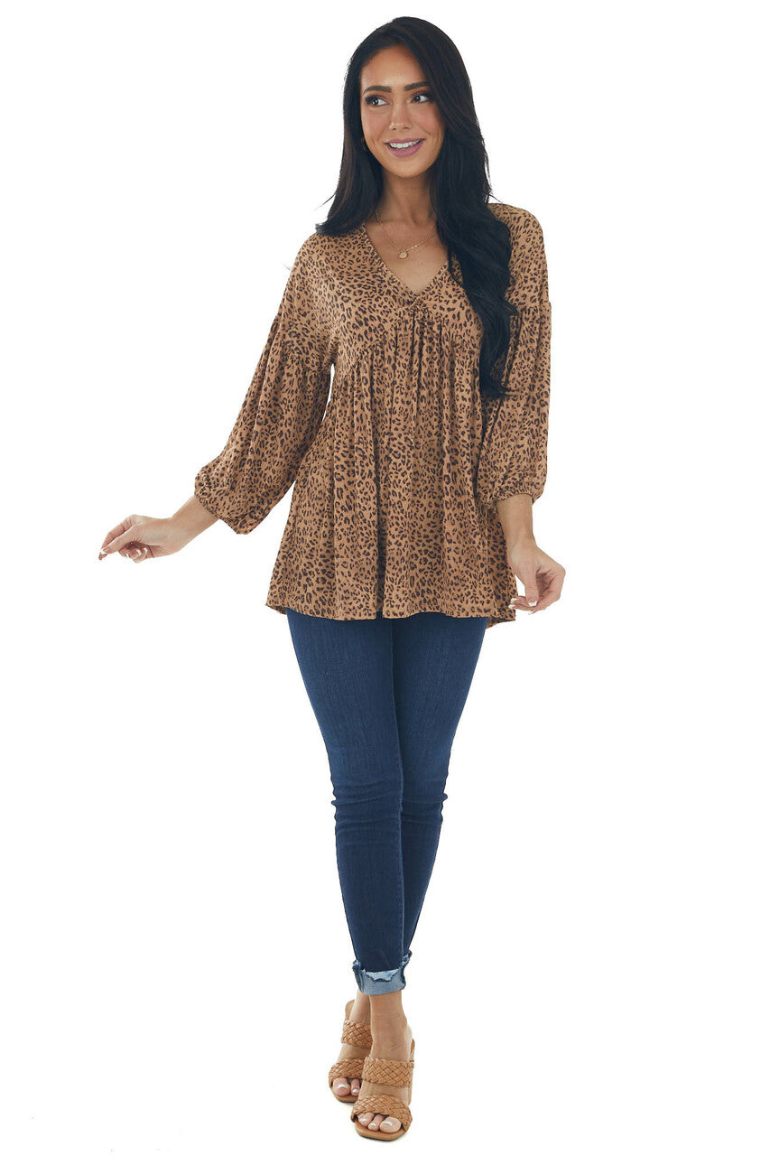 Copper Leopard Print V Neck Babydoll Knit Top 