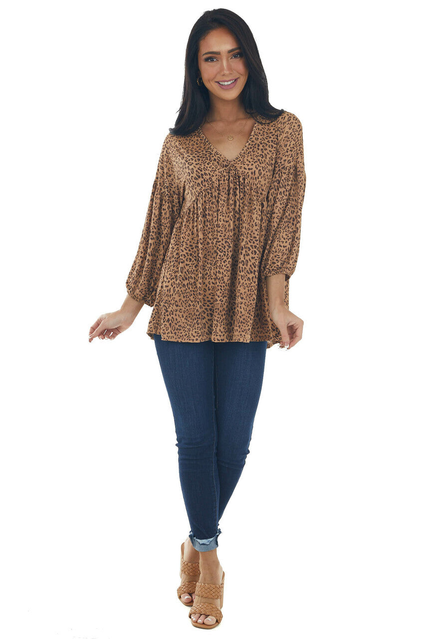 Copper Leopard Print V Neck Babydoll Knit Top 