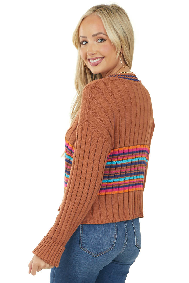 Copper Striped V Neck Ribbed Knit Sweater