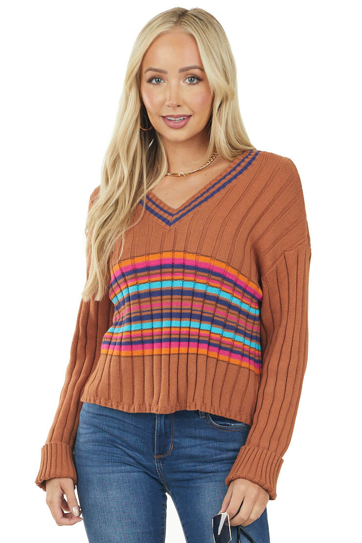 Copper Striped V Neck Ribbed Knit Sweater