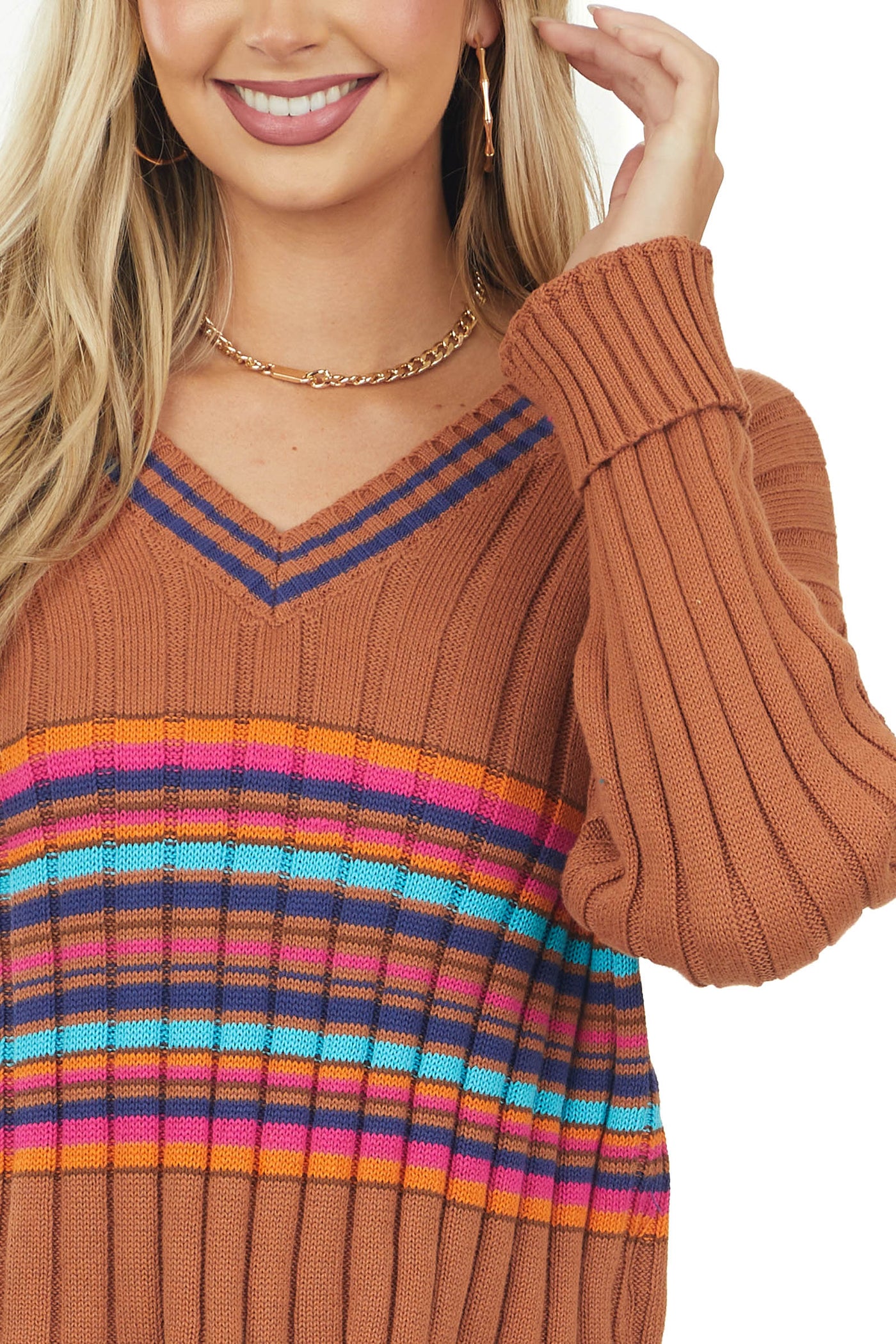 Copper Striped V Neck Ribbed Knit Sweater