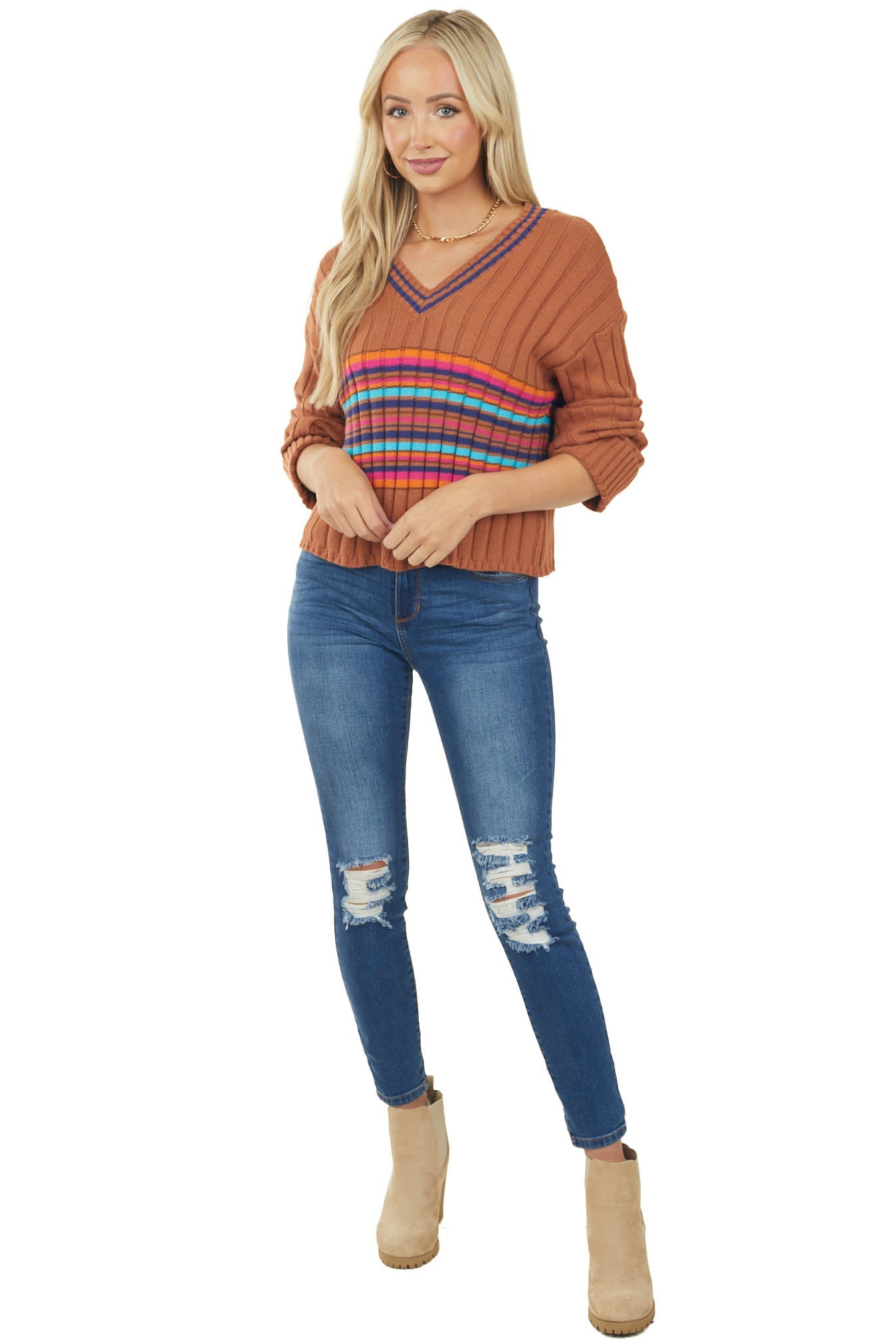 Copper Striped V Neck Ribbed Knit Sweater