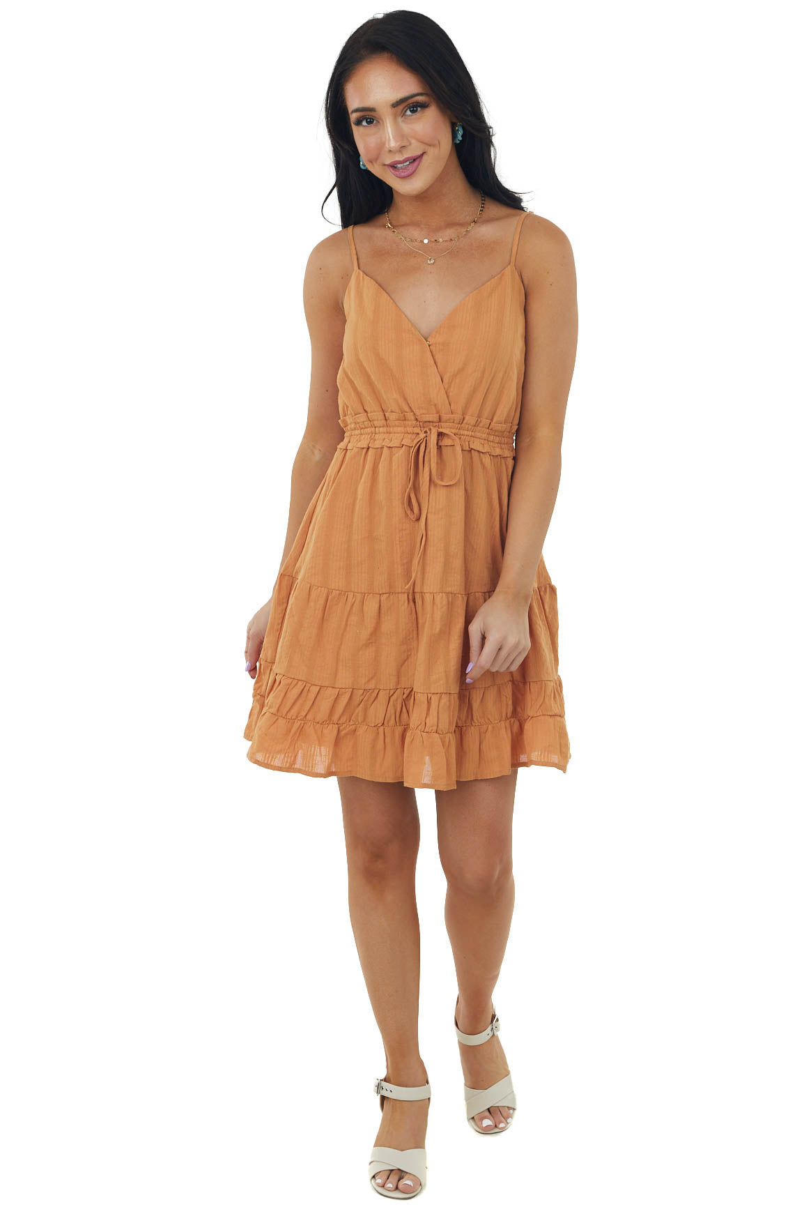 Copper Surplice Tiered Drawstring Cami Dress
