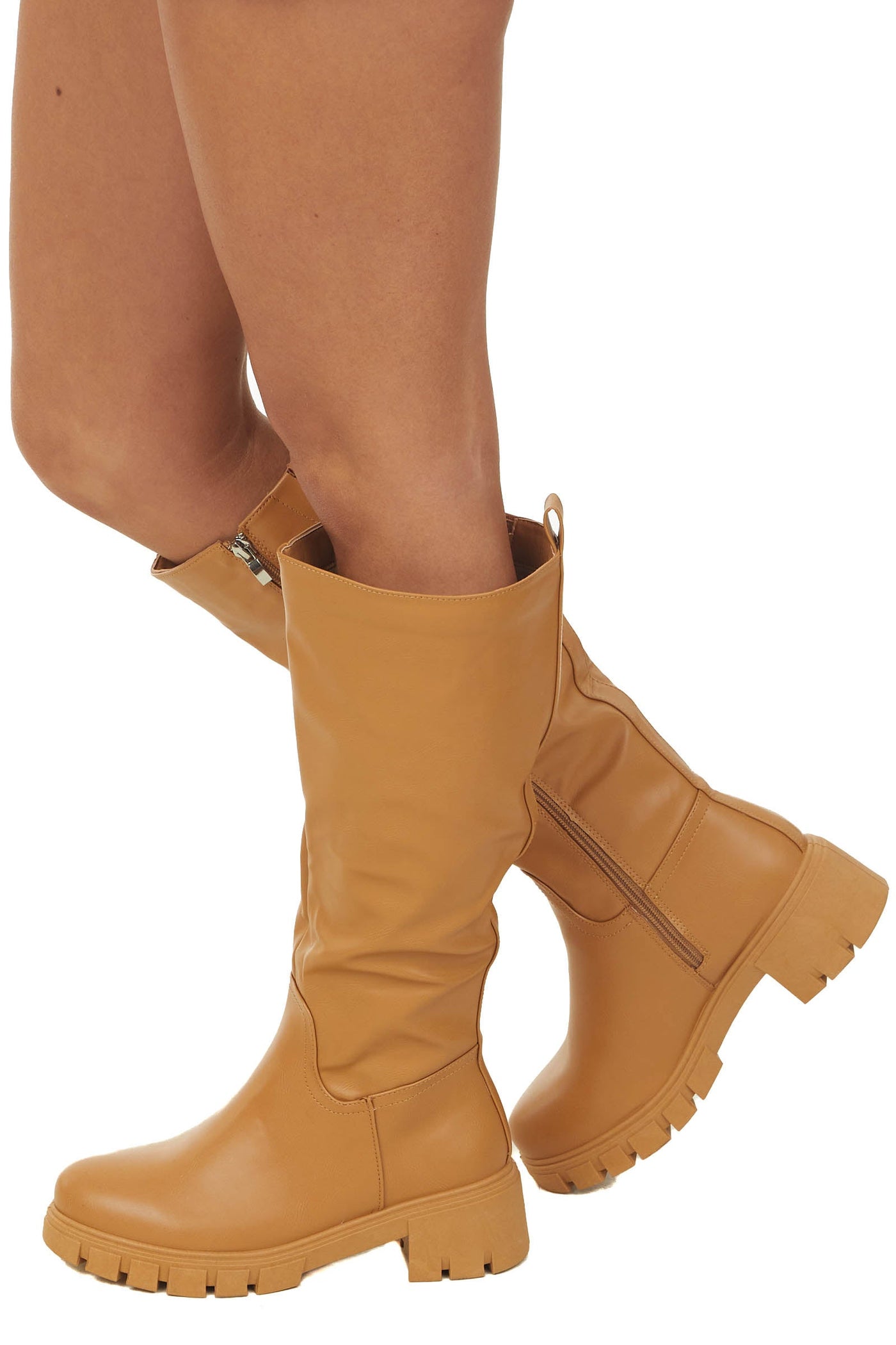 Copper Faux Leather Side Zipper Lug Boots