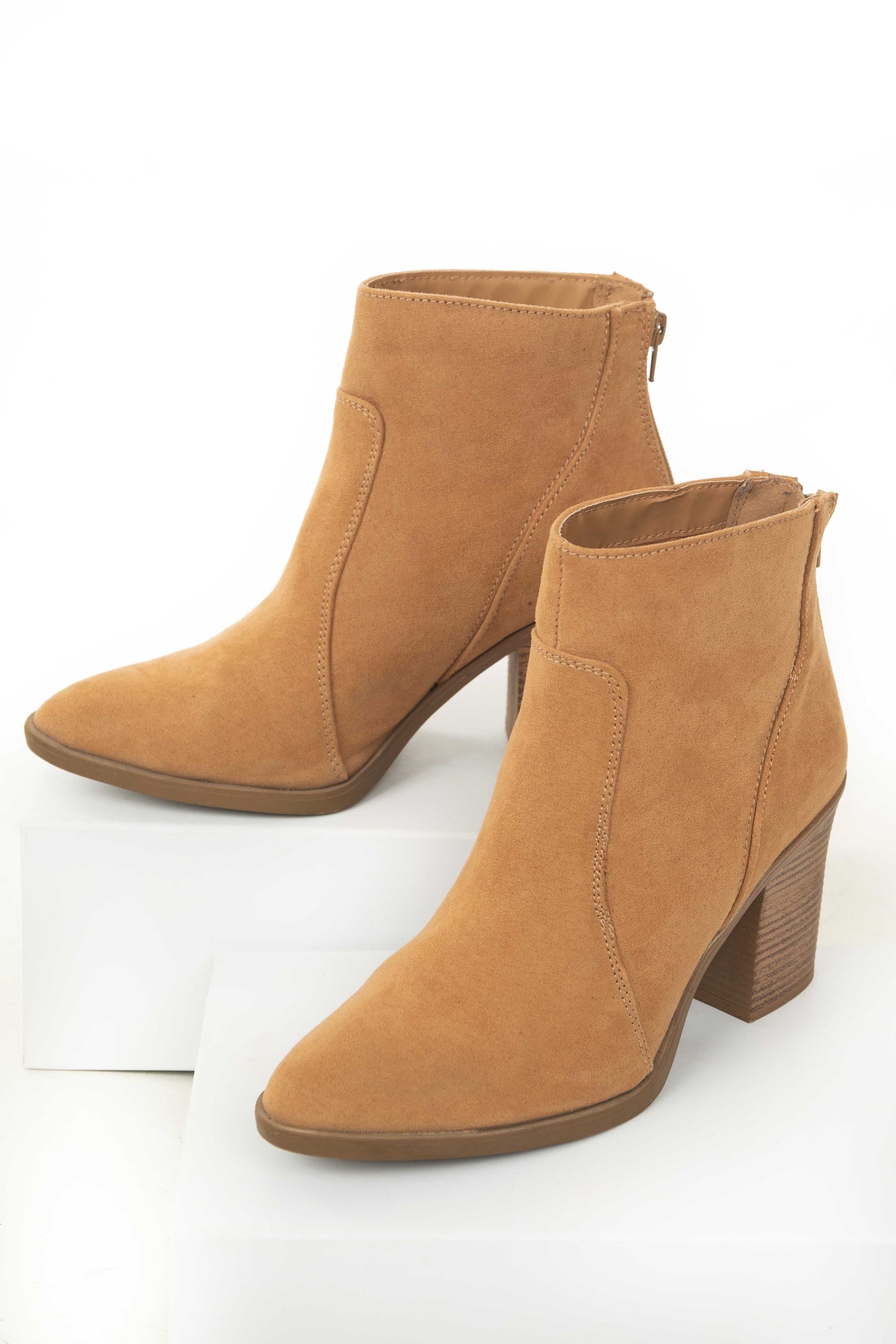 Copper Faux Suede Stitching Detail Pointed Booties