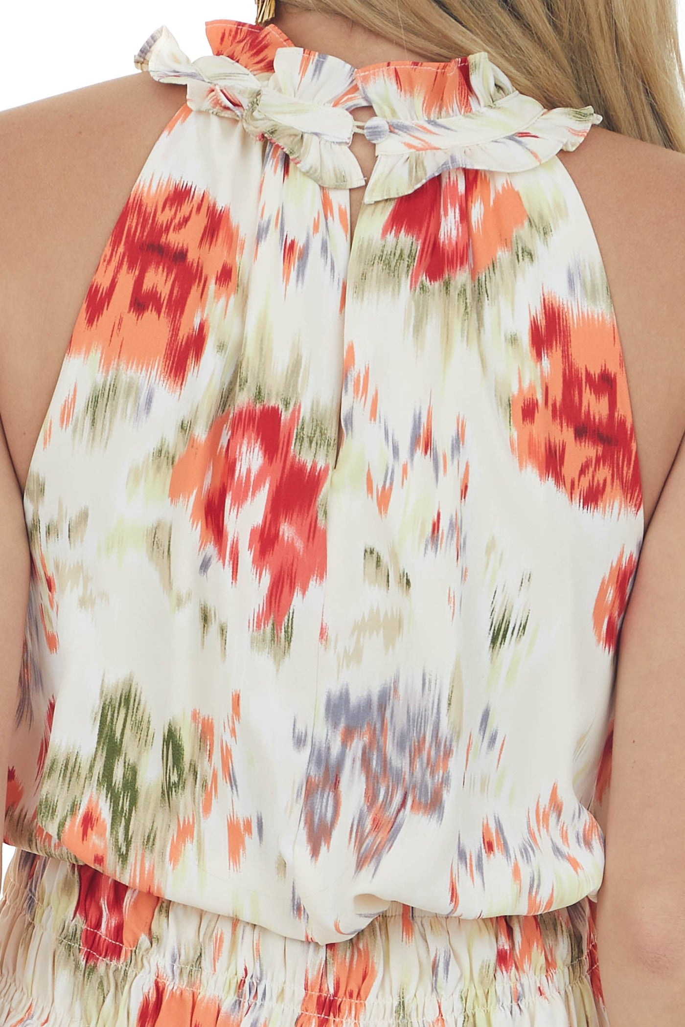 Coral Abstract Print Blouson Halter Neck Dress