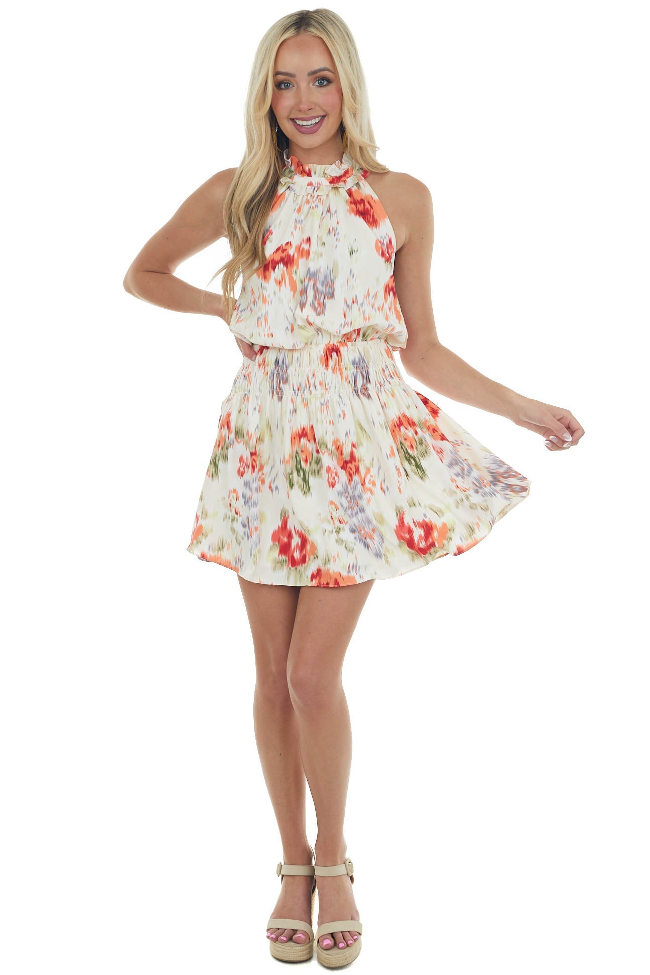 Coral Abstract Print Blouson Halter Neck Dress