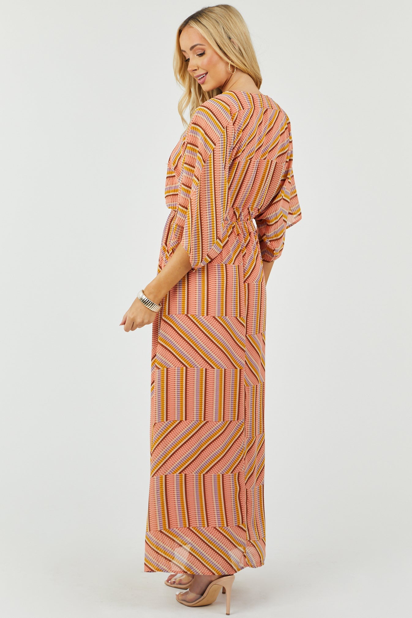 Coral Abstract Striped Surplice Woven Maxi Dress