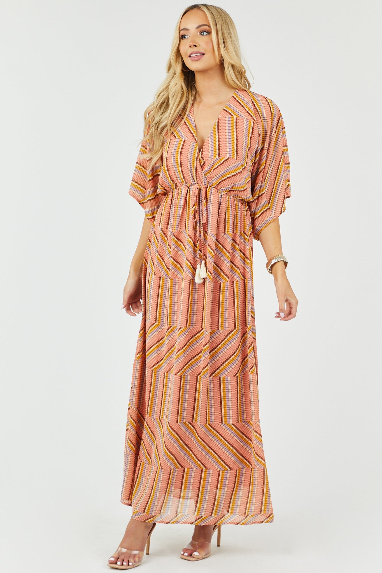 Coral Abstract Striped Surplice Woven Maxi Dress