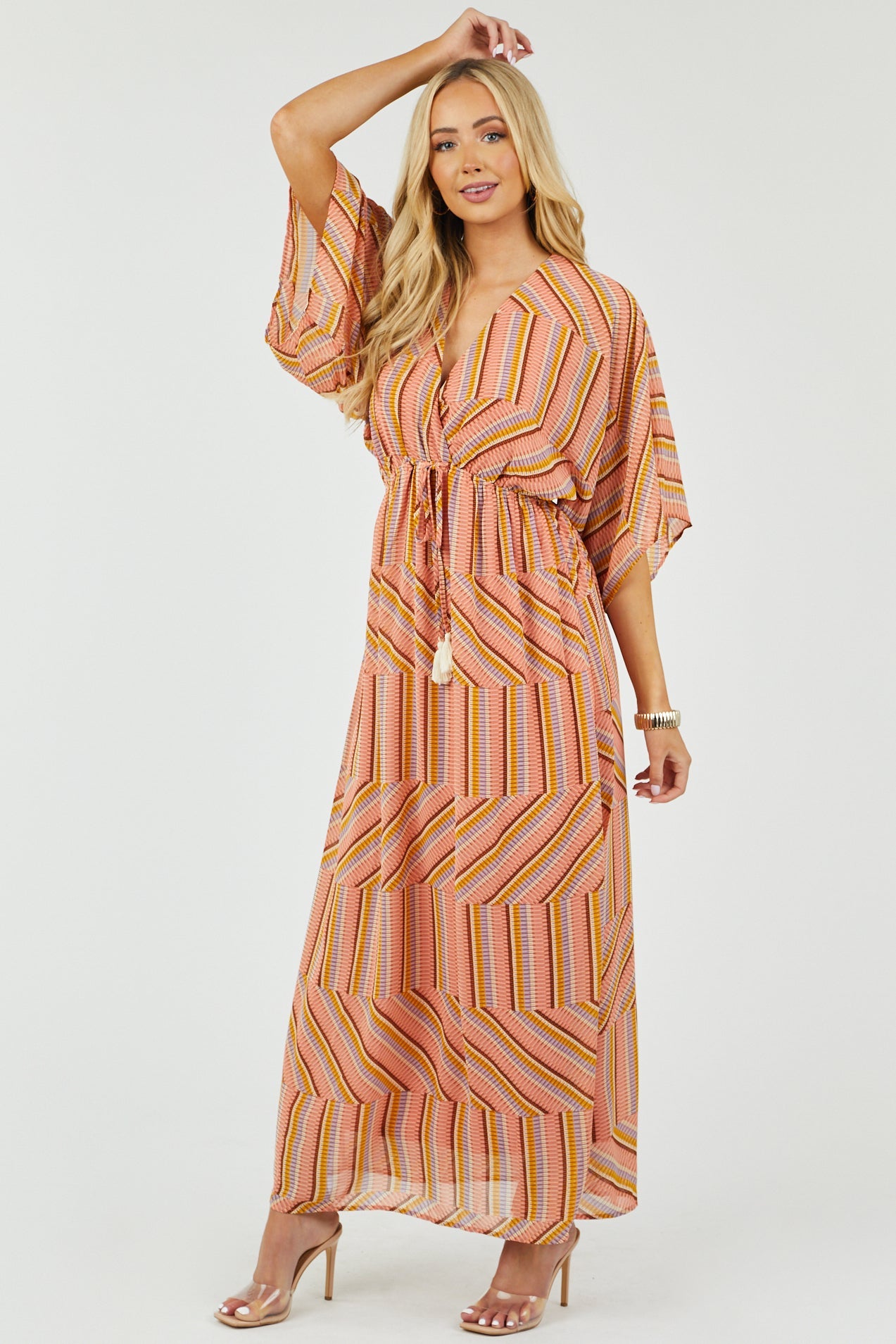 Coral Abstract Striped Surplice Woven Maxi Dress