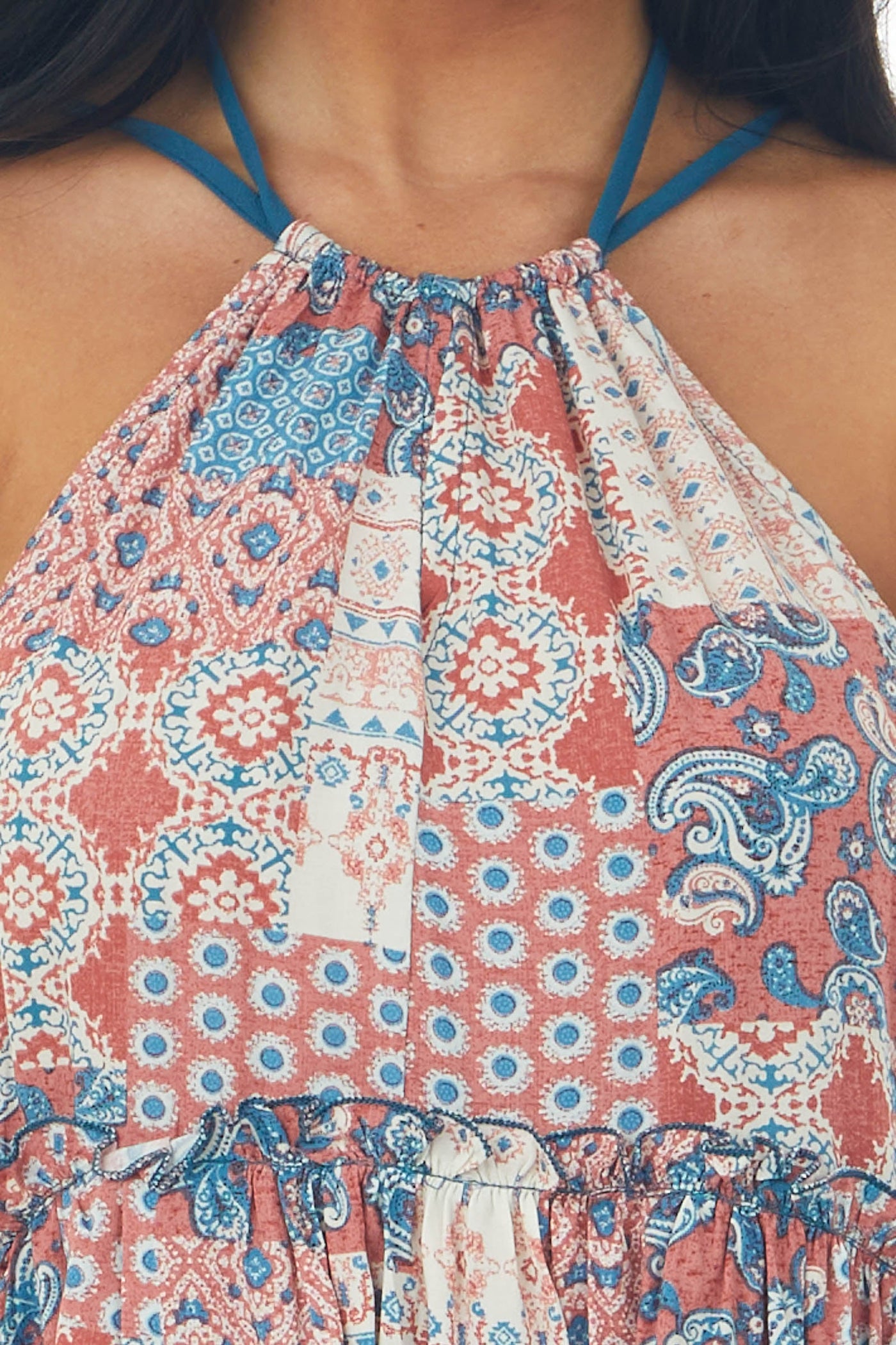 Coral Bohemian Print Halter Neck Woven Tank Top