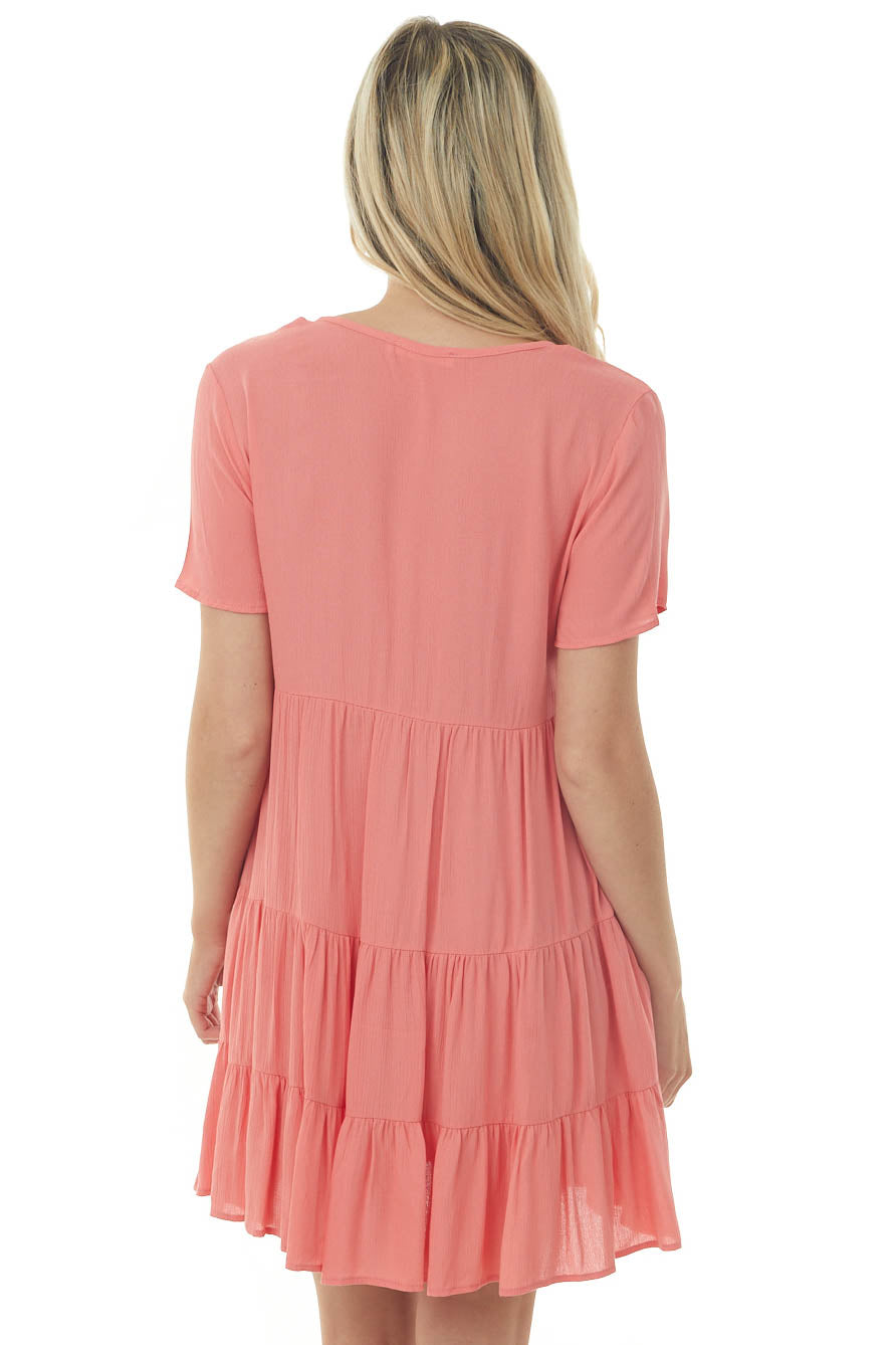 Coral Button Down Crinkle Tiered Short Dress