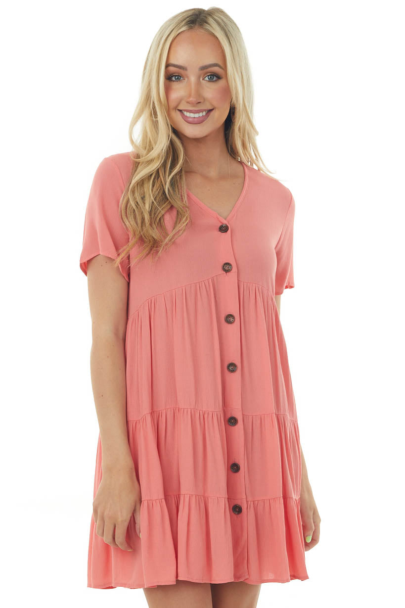 Coral Button Down Crinkle Tiered Short Dress