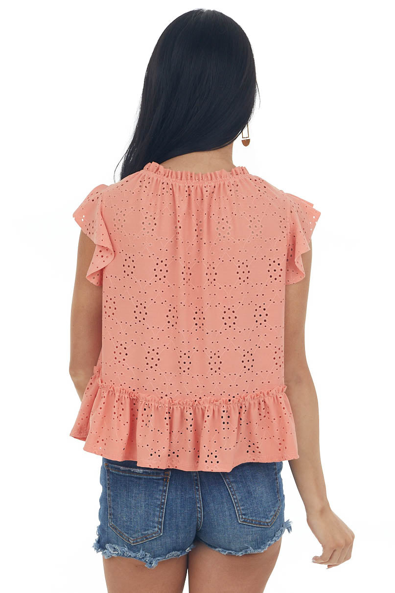 Coral Cap Sleeve Peplum Eyelet Lace Knit Top