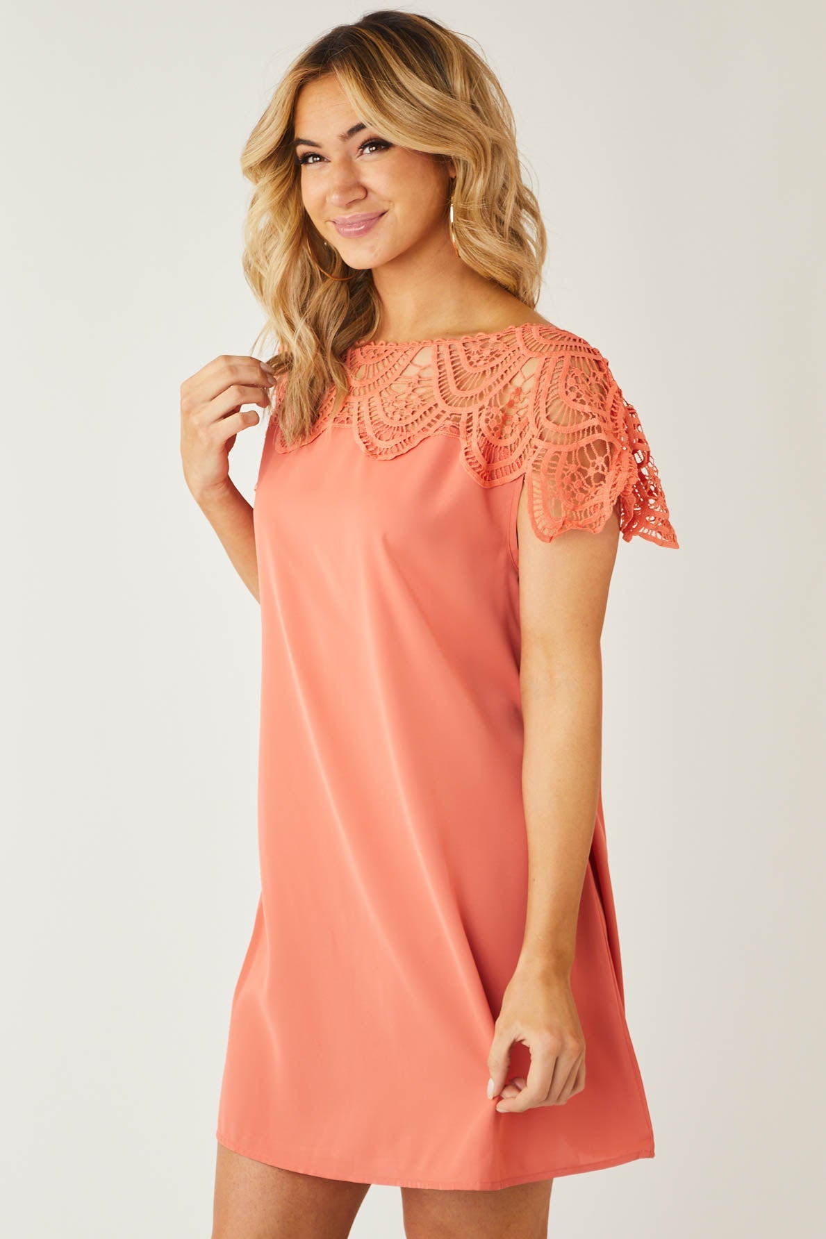 Coral Crochet Lace Yoke Woven Shift Dress
