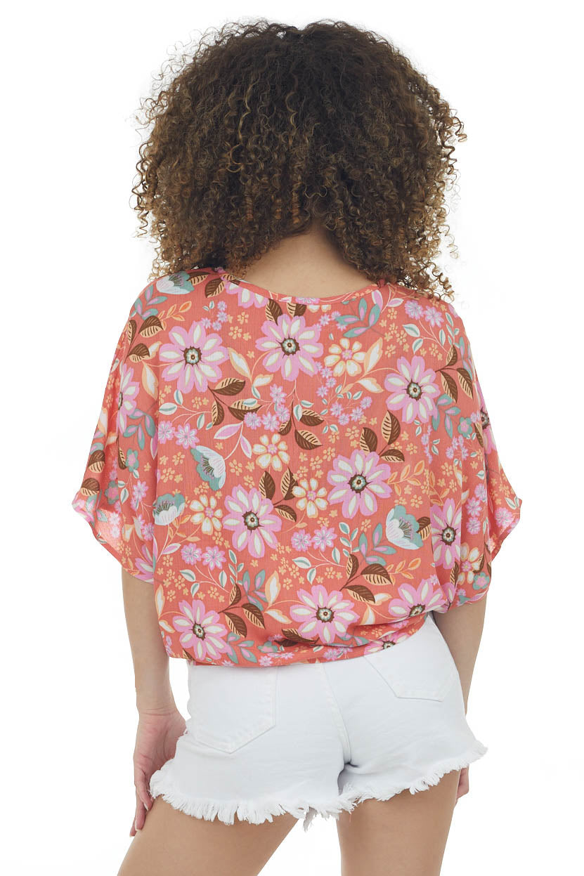 Coral Floral Button Up Front Tie Short Sleeve Top