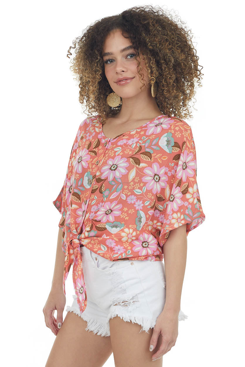 Coral Floral Button Up Front Tie Short Sleeve Top